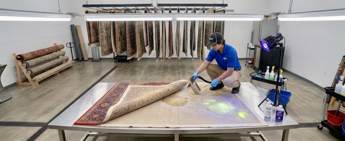 Area rug being deep washed for pet odor