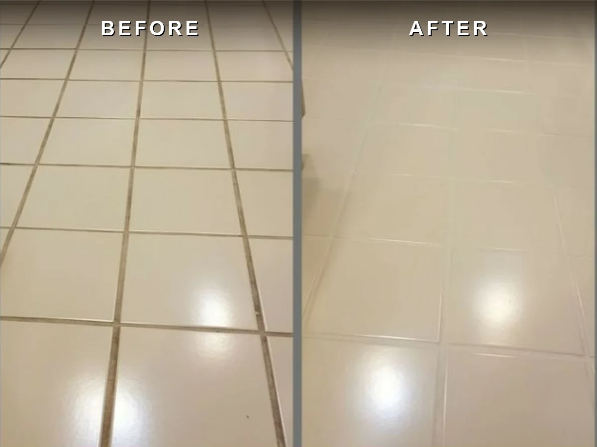 A COIT tile floor before and after cleaning, the stained grout lines coming back to their original color