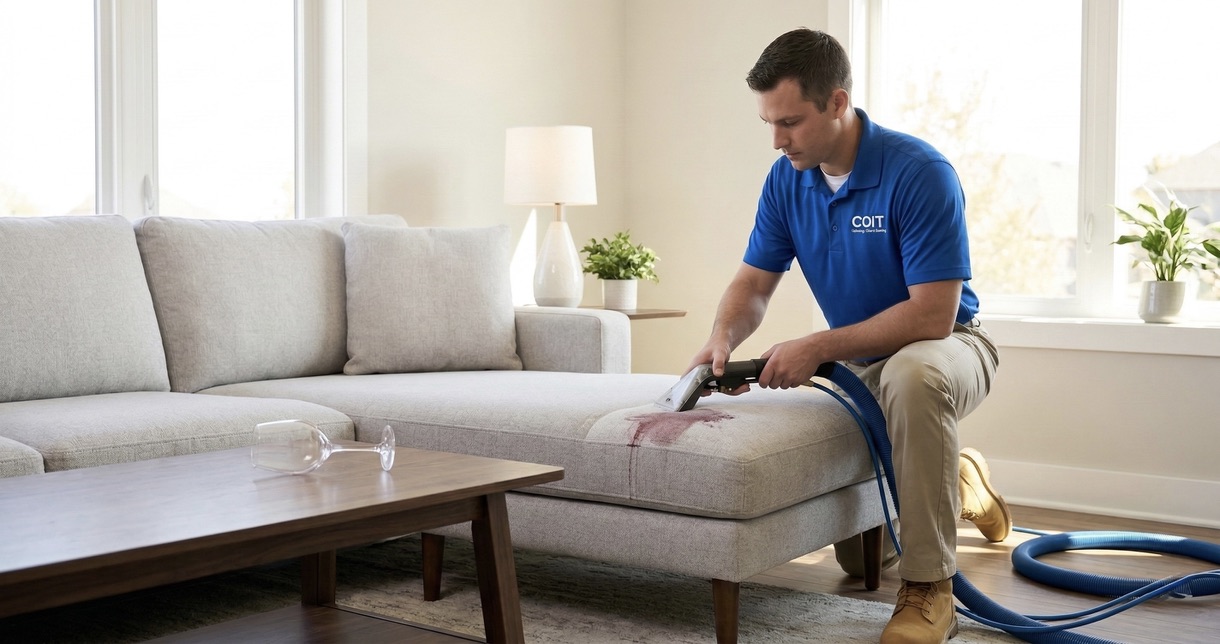 Upholstery stain treatment on a fabric sofa